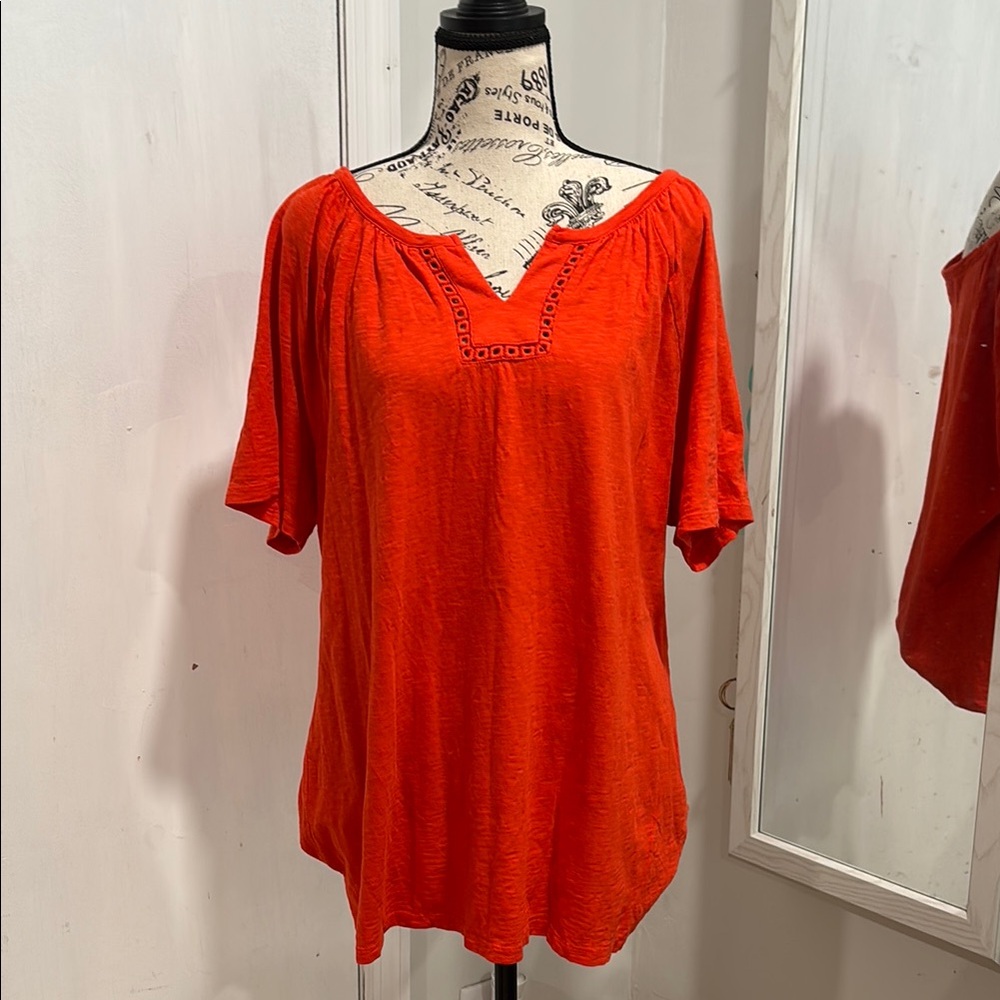 Talbots Red Relaxed Cotton Blouse with Elbow-Length Sleeves X Large